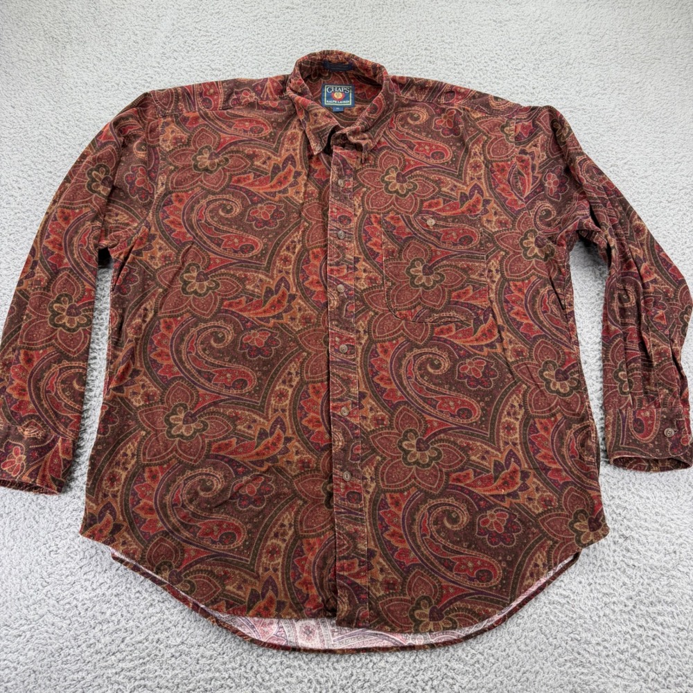 Chaps Ralph Lauren Button Down Mens XL Red Brown Paisley Corduroy LS Shirt
